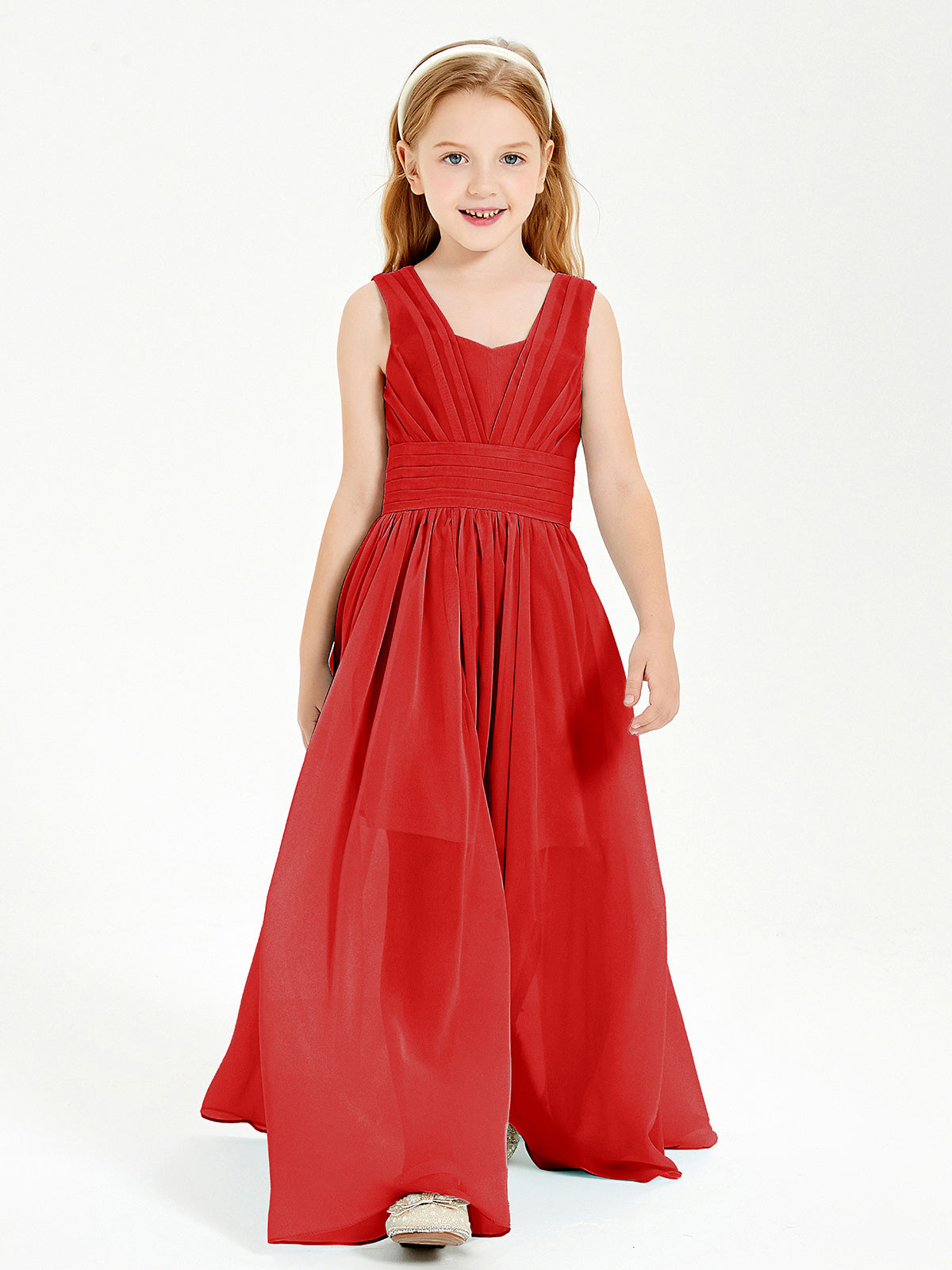 Long V-neck Junior Bridesmaid Dresses Red